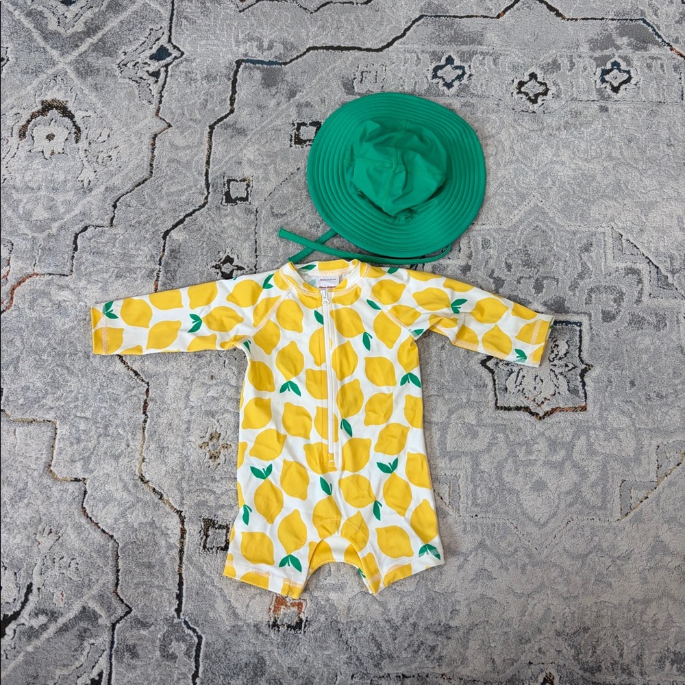 Hanna Andersson lemon swimsuit + hat set, 3-6 mo